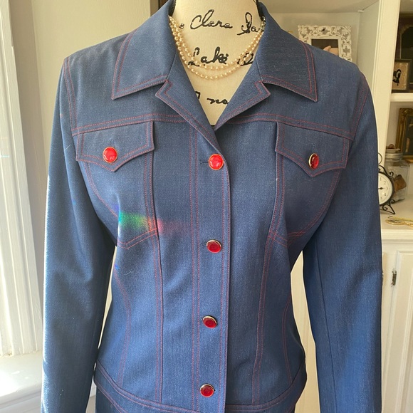 Escada 2-Piece Wool Blend Red Stitching Blue & Red  Style Skirt Suit 36 Size 6 - Picture 2 of 14